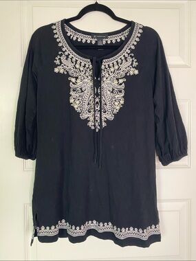INC International Concepts Black Embroidered Peasant Tunic